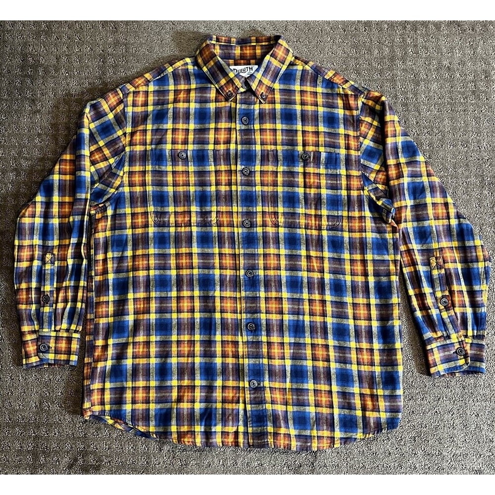 Duluth Trading Shirt L Orange Blue Plaid Relaxed Fit Flannel Gorpcore Lumberjack